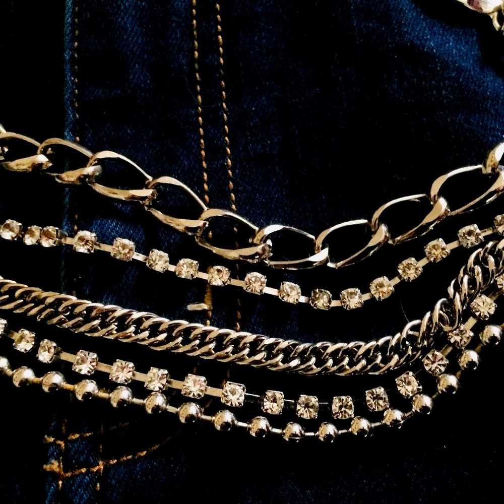 RARE Vintage Unisex multi layered chain belt with rhinestones clip closure sz M